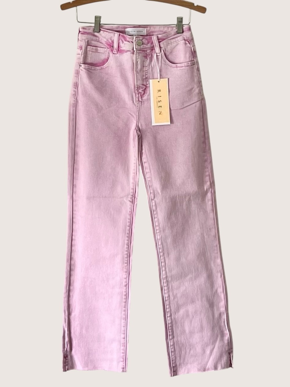 Risen Acid Pink High-Rise Straight Leg Jeans with Raw Hem - Picture 5 of 12